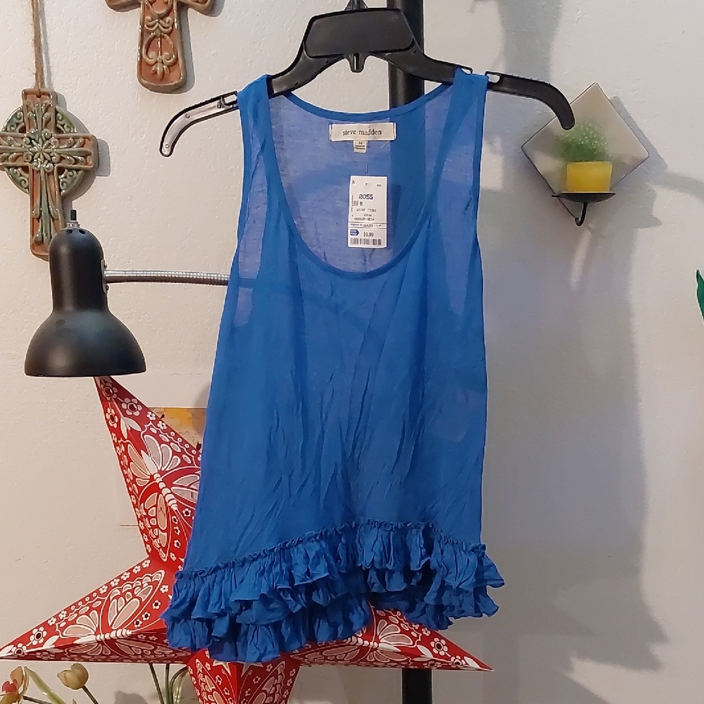 Steve Madden Blue Ruffle Hi Low Sleeveless Tank Top